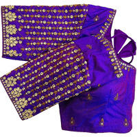 Pujia Mills Women's Trendy Embroidery Maggam Work Half Sleeve Pink Saree Blouse(Maggam 2 Purple_38)