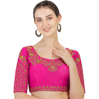 Pujia Mils Women's Silk Half Sleeve Regular (Floral Blouse Pink 36)
