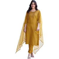 Sanisa Women's Art Silk Sequence Embroidery Straight Kurta Set With Dupatta (143Kbd1545N-L_Mustard Yellow1)