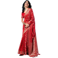 Satrani Women's Georgette Jacquard & Tassels Saree With Unstitched Blouse Piece (3495S108N_Red2)