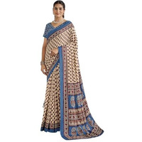 Satrani Women's Pure Cotton Floral Printed Saree With Unstitched Blouse Piece (3856S114N_Cream & Blue)