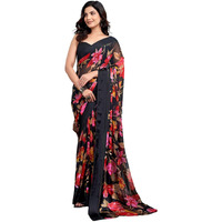 Satrani Women's Georgette Floral Printed Satin Zari Stripe Saree With Unstitched Blouse Piece (3923S137N_Black)