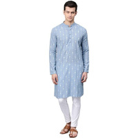 See Designs Men's Blue Printed Cotton Side Slits Mandarin Collar Straight Kurta - Sd2Kt833S
