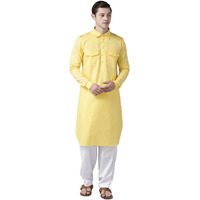 See Designs Men's Solid Cotton Curved Hemline With Shirt Collar Yellow Full Sleeve Pathani Kurta With Salwar - Sdkt609Xs