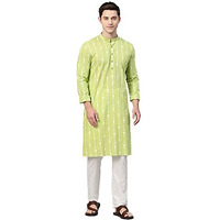 See Designs Men's Cotton Regular Fit Printed Straight Kurta (Lime Green- S)