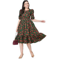 Selvia Western Dress For Women|Crepe Dress For Women|Fit & Flare Dress|Floral Printed Dress For Women|One Piece Dress For Women (715Dtk7933N-L_Green & Red & Moss Green)