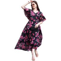 Smowkly Women's Georgette Floral Printed Indo-Western Ethnic Gown || Half Sleeve V Neck Fit & Flare Flared Hem Design || A-Line Maxi Dress Casual Wear (Black & Pink, Medium)