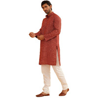 Sojanya (Since 1958 Men's Cotton Linen Maroon Foil Printed Kurta And White Pyjama Set