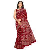 Tamaira Fashion Women's Jaipuri Hand Block Printed Pure Cotton Mulmul Saree Without Blouse Piece(2462_Maroon