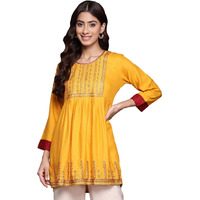 Anubhutee Women's Viscose Rayon Ethnic Motifs Printed Mustard Embroidered A-Line Kurti../