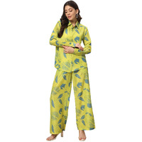 Fiorra Women's Lime Green Cotton Blend Printed Shirt With Palazzo Co-Ords Set Set0140