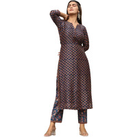 Greciilooks Women Cotton Blend Casual Regular Fit Kurta Set (Blue, Small)