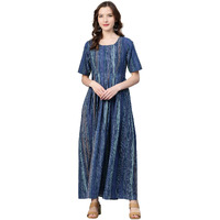Idalia Women's Blue Printed Cotton Flared Dress