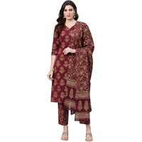 Idalia Women's Maroon Gold Printed Straight Cotton Kurta Set With Pant And Dupatta For Women