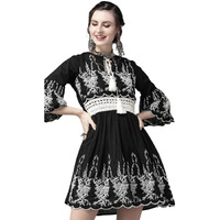 Ishin Women's Cotton Above Knee Length Embroidered A-Line Indo Western Dress Topknm-12048_L_Black