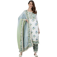 Ishin Women's Pure Cotton Embroidered A-Line Kurta Suit Set With Dupatta & Pants Dhkpldpnk-13038_Xl_White & Green