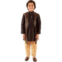 Jbn Creation Boys Black Silk Blend Foil Printed Layered Kurta And Rose Gold Pyjama Set (B1010)
