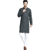 Jompers Men's Grey Sequins Chikankari Embroidered Kurta With Pyjama. (Grey, M)