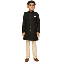 Kisah Boys Sherwani Set Indo-Western Silk Blend Jacquard Design Indo-Western Sherwani Pajama Set For Kids, Black, 7-8 Years