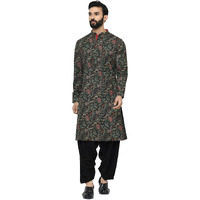 Kisah Men Black Green Ethnic Motifs Embroidered Kurta With Pyjamas, Full Sleaves, Knee Length, Straight, Regular Fit, Mandarin Collar Ethnic Wear-44