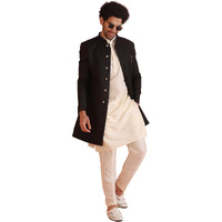 Kisah Men's Kurta Indo-Western Sherwani Trouser Set, Black Cotton Blend, Solid Dyed Regular Fit Mandarin Collar Long Sleeves (38)