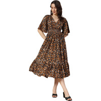 Kzully Women's Rayon Smocked One Piece Dress Midi Dress (6001_Tiger_Black_Small