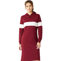 Miss Chase Women's Super Comfortable Round Neck Full Sleeves Cotton Solid Hooded Knee-Long Dress | 4 Colors(Mcaw17D09-89-139-04, Maroon And White, Medium)