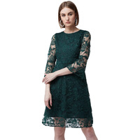 Miss Chase Women's Forest Green Round Neck 3/4 Sleeves Floral A-Line Knee-Length Dress (Mcaw19D14-27-212-03,Forest Green,S)