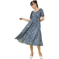 Oomph! Flared Dress For Women Stylish | Long One Piece For Women | Puff Sleeve Long Dress | Floral Print Maxi One Piece | Western & Fusion Wear Teal Blue