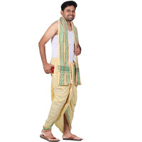 Prakasam Cotton Men's Stitched Panchakacham (Ready To Wear) Dhoti Towel Set With Pocket- Free Size. (Cream-2)