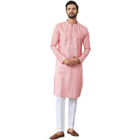 See Designs Men's Long Sleeve Mandarin Collar Side Slit Pink Embroidered Thread Work Sequinned Chanderi Silk Straight Kurta With Pyjama - Sdkt251101M