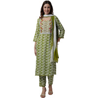 Rytras Women's Embroidered Straight Kurta With Pant And Dupatta Set(Green,L)