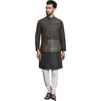 Sojanya (Since 1958 Men's Silk Blend Black Kurta And Off-White Pyjama With Black Nehru Jacket