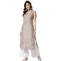 Stylum Women's Woven Striped Cotton Blend Straight Kurta (Xtatoobeige42_Beige, Xl)