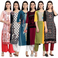 Pinkmint Elegant Printed Crepe Kurti's For Women's Ll Fashionable Kurti Ll Stright Round Neck Kurti (Pack Of 6)