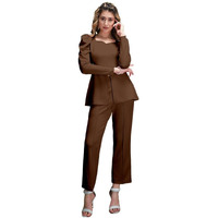 Selvia Women's Puff Sleeve Lycra Sweetheart Neck 2 Piece Front Slit Co-Ords Set (485Tk10693Na-S_Brown3)