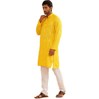 Sojanya (Since 1958 Men's Pure Cotton Mustard Designer Kurta And White Churidar Pyjama Set