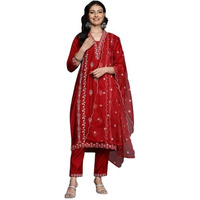 Varanga Women Red Cotton Thread Embroidered Detailed Kurta Set With Bottom And Dupatta