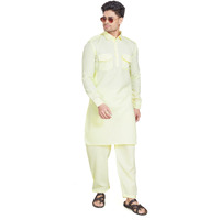Divisive Men's Cotton Blend Pathani Kurta Pyjama Set (Dkrt453_M_Yellow)
