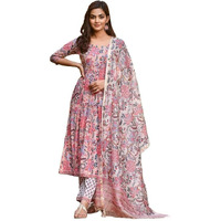 Fashion Basket Floral Print Anarkali Kurta With Pant And Dupatta Beige