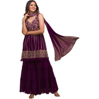 Xomantic Fashion Womens Purple Designer Zariwork Georgette Readymade Sharara Suit (Large, Wine)