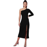 Addyvero Women One Shoulder Neck Full Sleeve Solid Bodycon Below Knee Length Women Long Dress (Black, S)