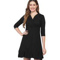 Addyvero V-Neck 3/4 Sleeve Cotton Blend Solid A-Line Knee-Length Women Dress (Black, S)