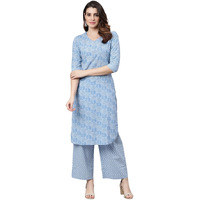 Idalia Sage Blue Printed Straight Cotton Kurta And Palazzo Set For Women