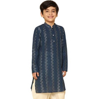 Kisah Kid's Jacquard Full Sleeves Regular Fit Knee Length Woven Blue Kurta|7-8 Years