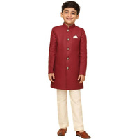 Kisah Boys Sherwani Set Indo-Western Cotton Blend Solid Dyed Design Indo-Western Sherwani Pajama Set For Kids, Maroon, 7-8 Years