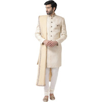 Kisah Men's Indo-Western Sherwani Churidar With Dupatta Set, Cream Brocade Woven Design Regular Fit Mandarin Collar Full Sleeves (S)