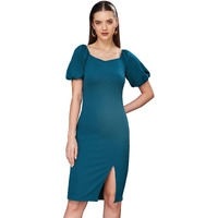 Miss Chase Women's Solid Bodycon V-Neck Half Sleeve Slim Fit Knee Long Dress (Mcss23D98-75-83-06, Teal, Xl)
