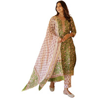 Nainvish Women's Viscose Rayon Printed Straight V-Neck Kurta Pant With Dupatta (Sd700_Kbd-S_Green)