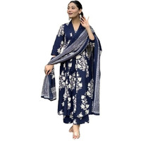 Nermosa Women Printed A-Line Kurta Pant With Dupatta (In, Alpha, S, Navy Blue)